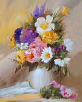 Ваза с букетом лилий, роз и ромашек