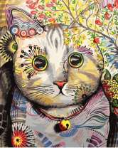 Яркая кошечка с цветами и деревом