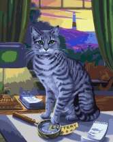 Серый кот на фоне маяка