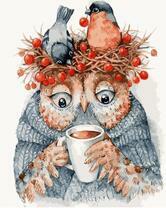 Сова с чаем и птички в гнёздышке