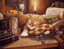 Шкодные мишки возле спящего кота