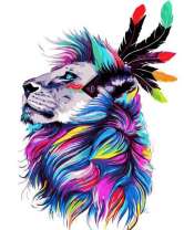 Лев с яркими перьями в гриве