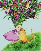 Девочка, кот и букет ирисов