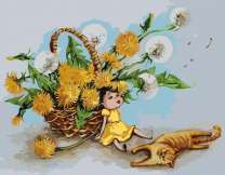 Девочка, котик и одуванчики в корзинке