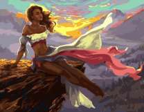 Девушка в легких одеждах на вершине скалы