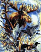 Большой лось и утки на озере