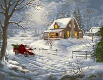 Грузовичек с ёлкой у заснеженного дома