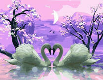 Лебеди у цветущих деревьев под лунным светом