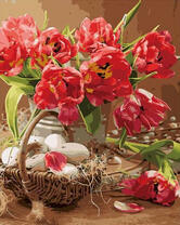 Букет тюльпанов и корзинка яиц