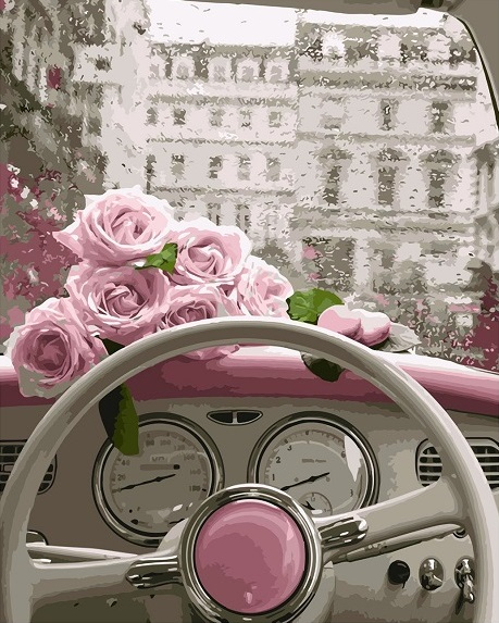 Картина по номерам 40x50 Букет розовых роз в ретро-автомобиле