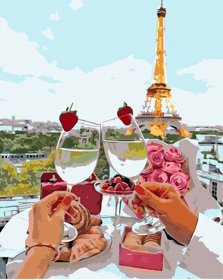 Картина по номерам 40x50 Два бокала с шампанским на фоне Эйфелевой башни