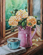 Букет дачных роз и кофе