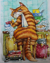 Кот и гора посуды