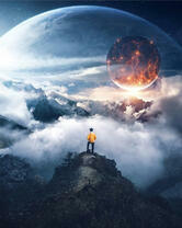 Мужчина на обрыве горы с неимоверным видом