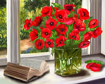 Букет ярких маков и книга