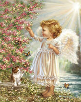 Маленький ангелочек и котёнок играют с бабочками