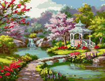 Мостик к беседке среди цветов