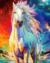 Белый конь на фоне разноцветного неба