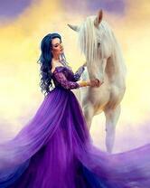 Девушка в фиолетовом платье и белая лошадь