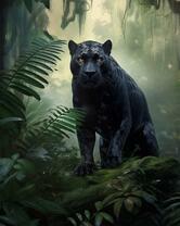 Смоляно-черная пантера в джунглях