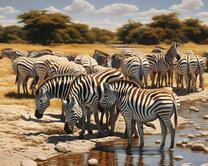 Стадо зебр у водопоя