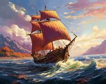 Большой парусный корабль у скалистого берега