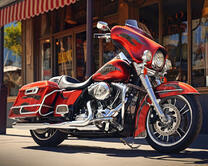 Красный Харлей у кафе