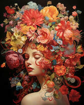 Портрет девушки с яркими цветами на волосах