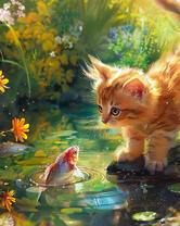 Рыжий котенок и золотая рыбка