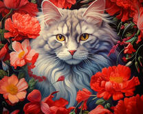 Серый котик в красных цветах