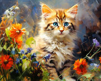 Голубоглазый полосатый котенок в цветах (худ. Яковец Е.)
