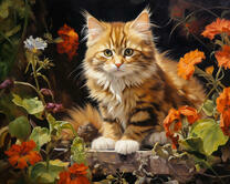 Полосатый котенок на заборе в цветах (худ. Яковец Е.)