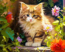Пушистый полосатый котенок в цветах (худ. Яковец Е.)