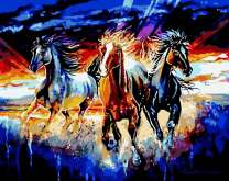 Три лошади в лучаш восходящего солнца