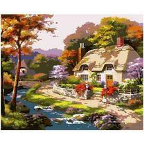 Летний пейзаж с небольшим домиком у реки