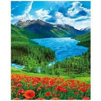 Вид на горы, реку и маковое поле