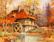 Осень и водяная мельница у реки