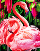 Яркие розовые фламинго в джунглях