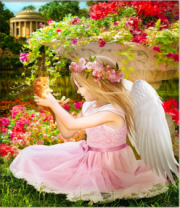 Девочка-ангел с котёнком в цветущих розах