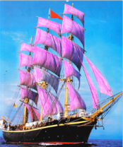 Черная шхуна с фиолетовыми парусами в море