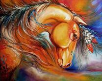 Красивая лошадь с узором и индианскими перьями