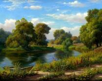 Лодочка на реке и деревья на берегу