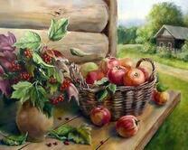 Корзина яблок и рябина