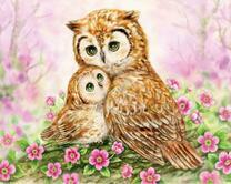 Совенок с совой на маленьких цветочках