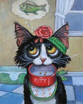 Черная кошечка мечтает о рыбке