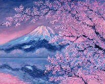 Цветущая сакура на фоне вулкана