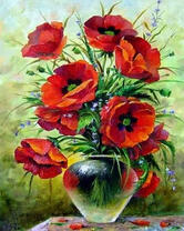 Букет красных маков в пухлой вазе