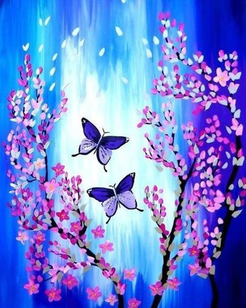 Алмазная мозаика 40x50 Бабочки и цветы на синем фоне