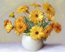 Желтые хризантемы в белой вазе