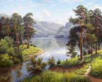 Густой хвойный лес на берегу тихой реки